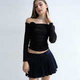 Off Shoulder Long Sleeve Tight Pleated T-shirt Top with Off Neck