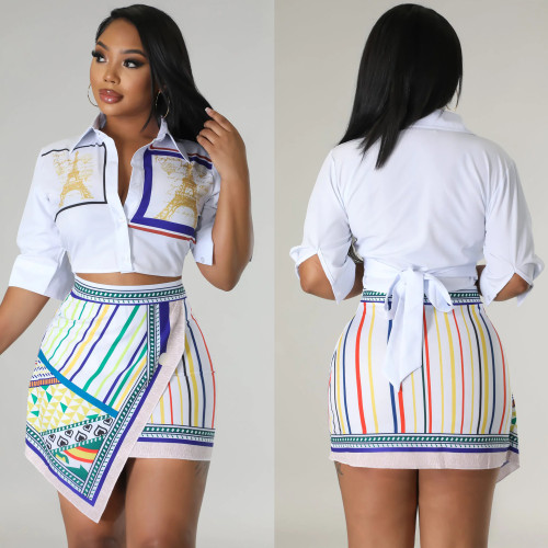 Women's sexy printed irregular short skirt two-piece set
