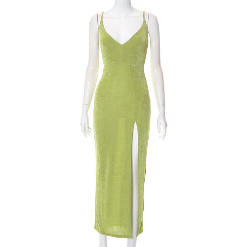 Sexy V-neck suspender dress with high slit and buttocks wrap mid length skirt