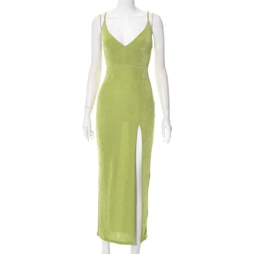 Sexy V-neck suspender dress with high slit and buttocks wrap mid length skirt