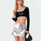 Personalized street PU leather patchwork short skirt trendy metallic high waisted skirt