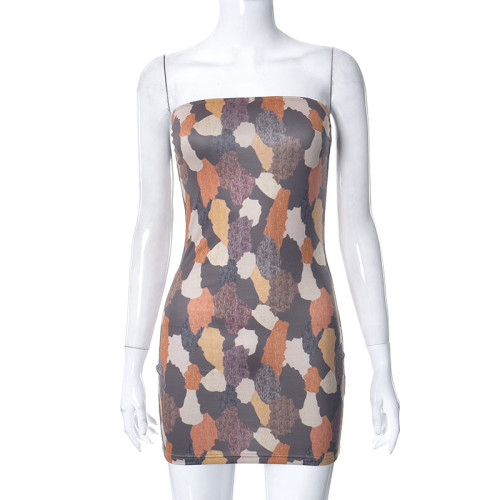 Printed Sleeveless Chest Wrap Tight Dress Wrapped Hip Short Skirt