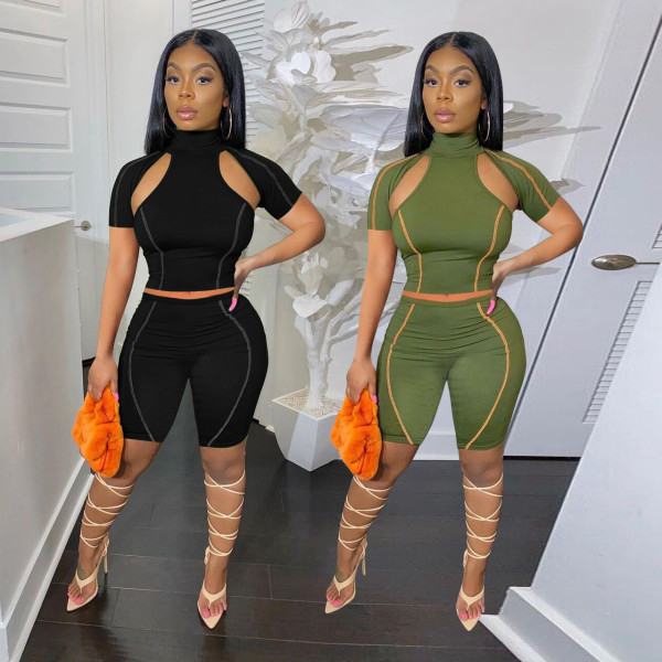 Women's Sexy Shoulder Slim Fit Solid Color Casual Short Two Piece Set