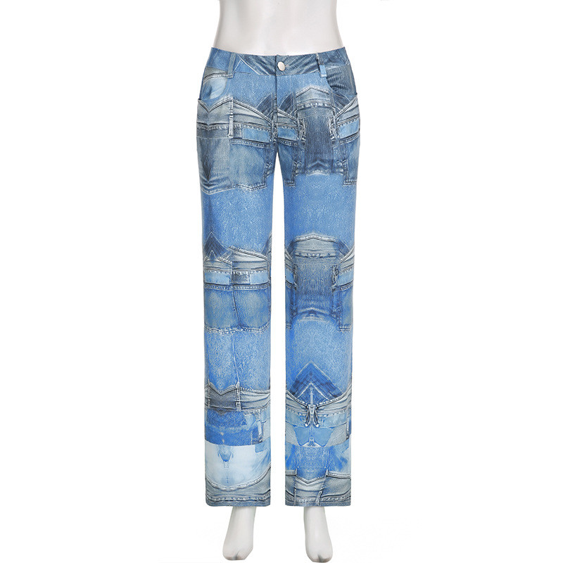 Imitation denim patchwork color contrast printing, personalized and fashionable high waisted straight leg pants