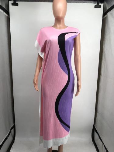 Positioning printed contrasting round neck irregular long skirt