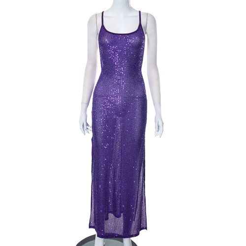 Solid casual sleeveless backless sequin slim fitting suspender long dress