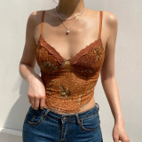 Fashion mesh print slimming sexy open back strap vest