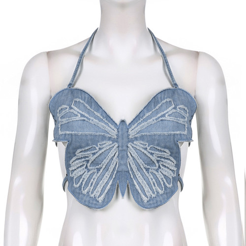 Butterfly Design Denim Tank Top Open Back Lace Up Top