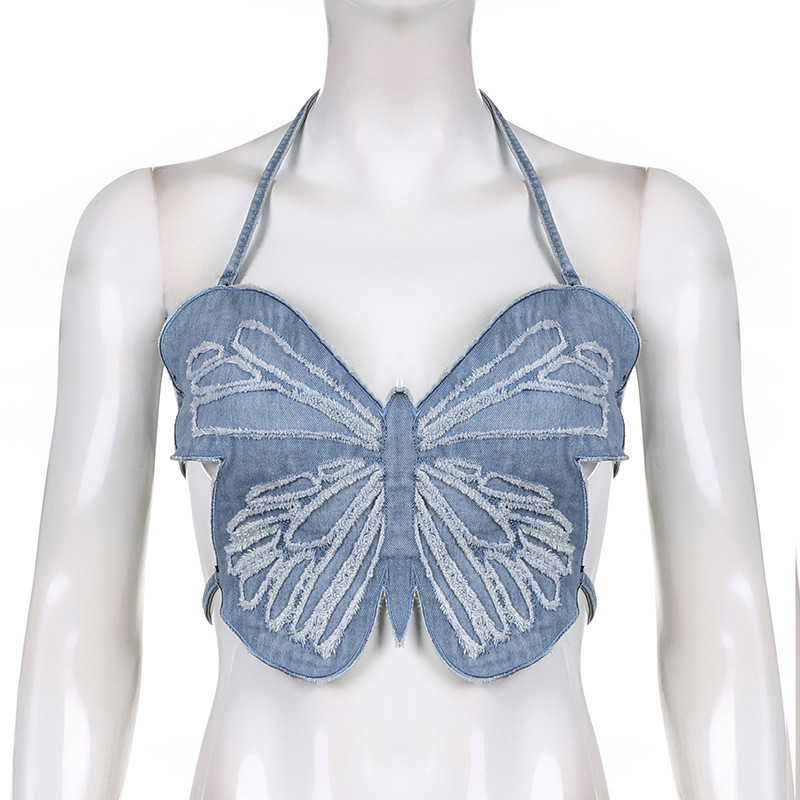 Butterfly Design Denim Tank Top Open Back Lace Up Top