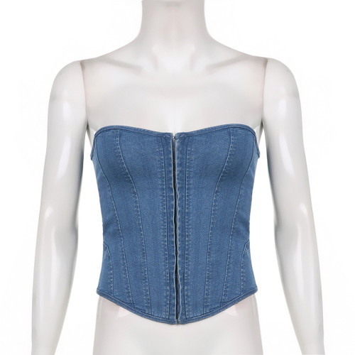 Women's Wave Neck Fish Bone Slim Fit Strap Solid Denim Bra Tank Top
