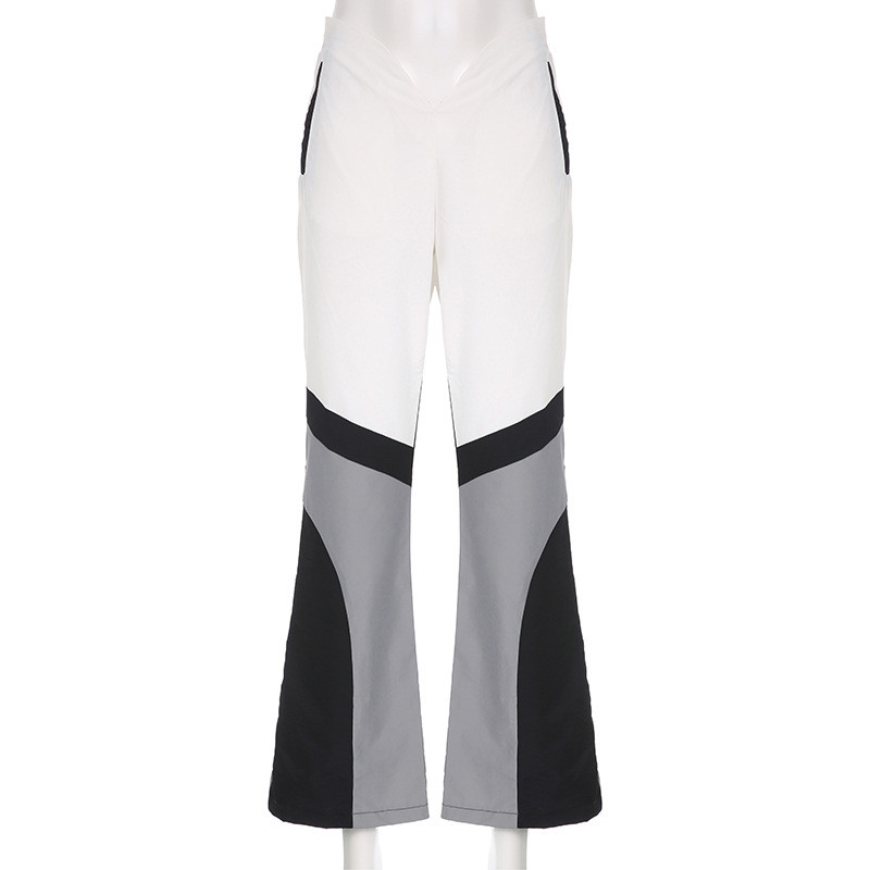 Women's Contrast High Waist V-shaped Zipper Pocket Straight Sleeve Personalized Street Woven Casual Pants