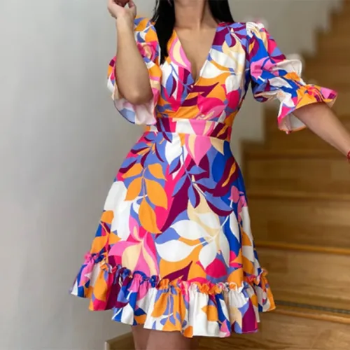 Temperament Commuting V-neck Printed Ruffle Dress