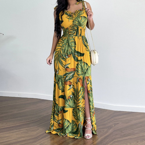 Casual printed strap slit ruffled dress