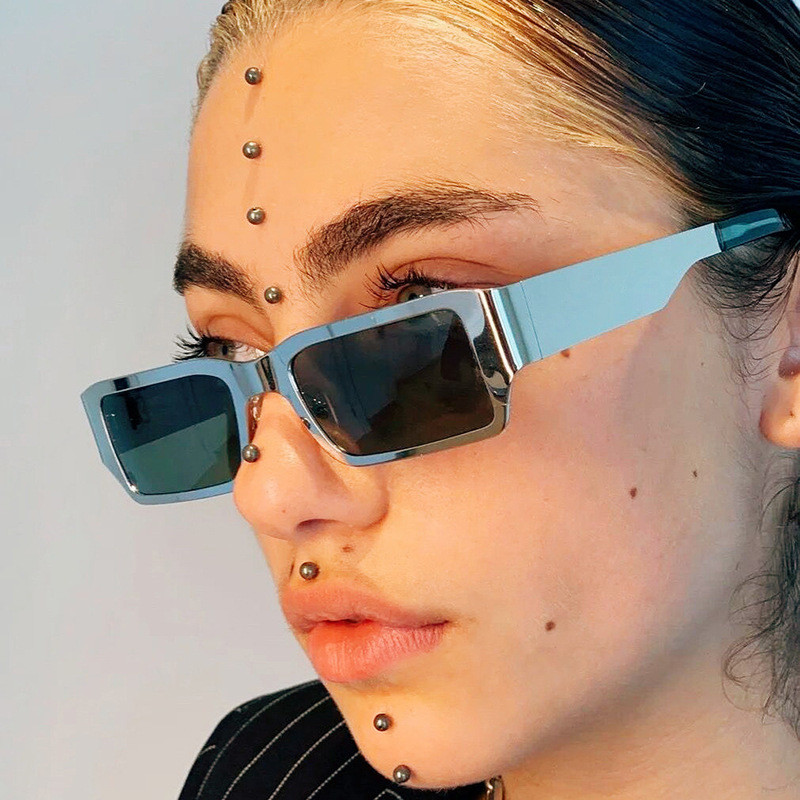 Street hip-hop punk style glasses retro modern small frame square sunglasses steel leather metal sunglasses