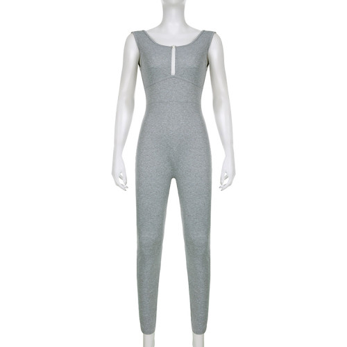 Solid color tight zippered small V-neck sleeveless backless basic small foot jumpsuit pants