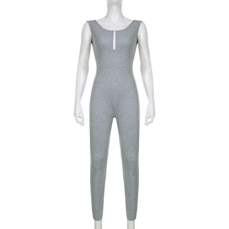 Solid color tight zippered small V-neck sleeveless backless basic small foot jumpsuit pants