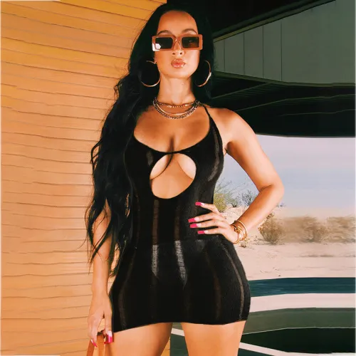 Slim suspender neck, open back, hollowed out hole, vintage tight and sexy hot girl dress short skirt