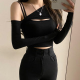 Solid Sexy Off Shoulder Oblique Collar Chest Hollow Out Tank Top Long Sleeve T-shirt Two Piece Set