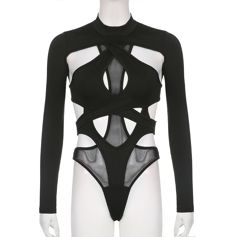 Sexy Women's Cross Cut Out Design Feel Open Back Strap Tight Solid High Neck Long Sleeve Bodysuit