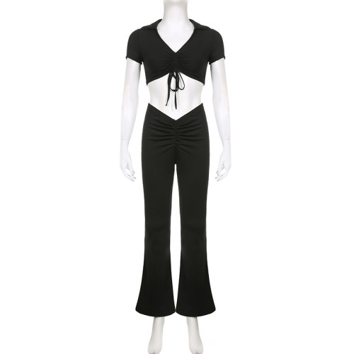 Solid color lapel pleated exposed navel pullover short sleeves+high waisted V-shaped slim fitting micro flared pants two-piece set