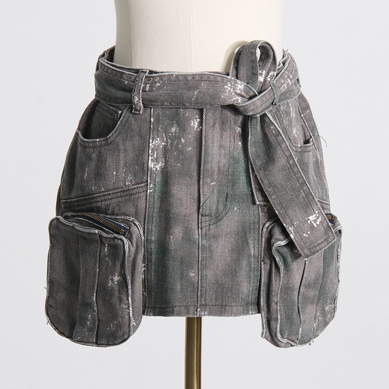 High waisted lace up 3D pocket zipper A-line skirt