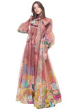 Loose and slim long sleeved silk pleated long skirt with pleated large hem dress