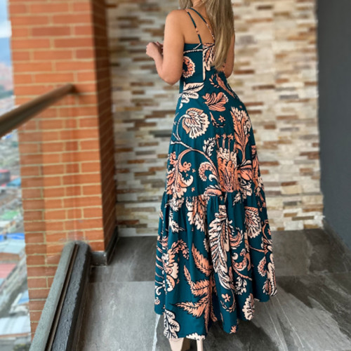 Temperament floral print sexy hollow out lotus leaf skirt with suspender dress