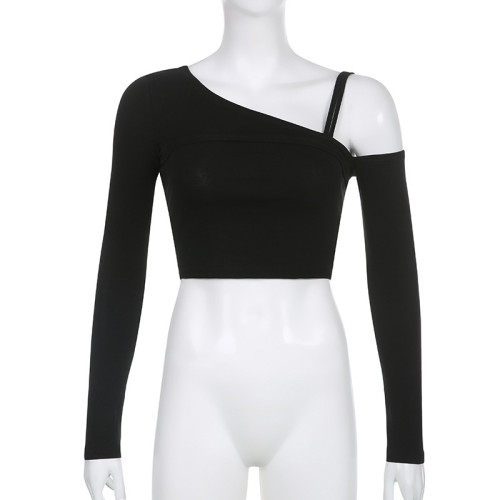 Solid Sexy Off Shoulder Oblique Collar Chest Hollow Out Tank Top Long Sleeve T-shirt Two Piece Set