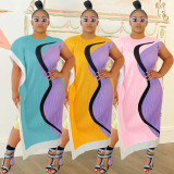 Positioning printed contrasting round neck irregular long skirt