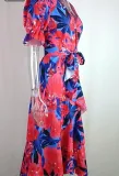 Elegant printed floral irregular waist dress