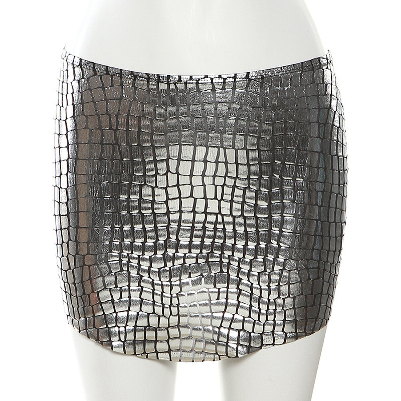 Fashionable and sexy ultra short buttocks skirt with bright reflective slim fitting skirt
