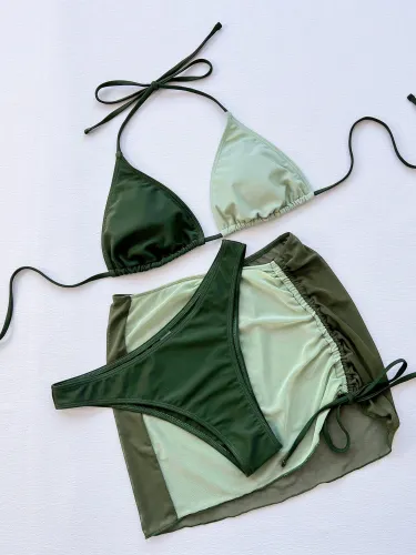 Three Piece Bikini Solid Color Sexy Women's Split Swimwear Triangle Bag Swimwear