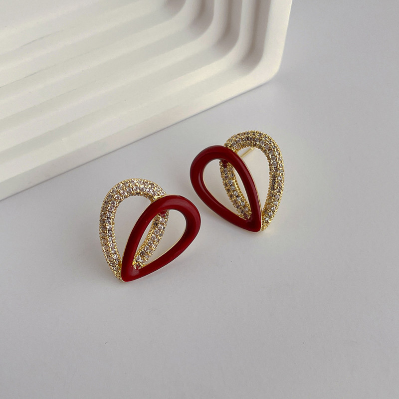Minimalist design, oil dripping zircon heart crossed metal earrings