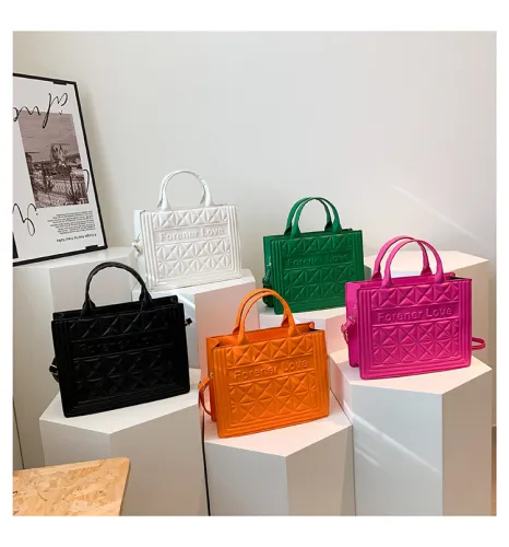 Handheld women's bag, candy colored embossed letters, small square bag, simple one shoulder crossbody PU bag