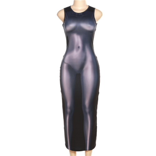 Fashionable 3D Body Print Round Neck Sleeveless Slim Fit Wrap Hip Dress