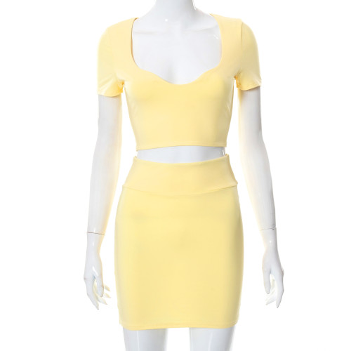 Fashion Solid Color Small U-Neck T-shirt Tight Wrapped Hip Short Skirt Set