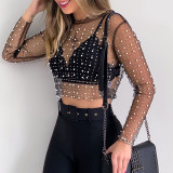 Round neck studded bead mesh see-through long sleeved top