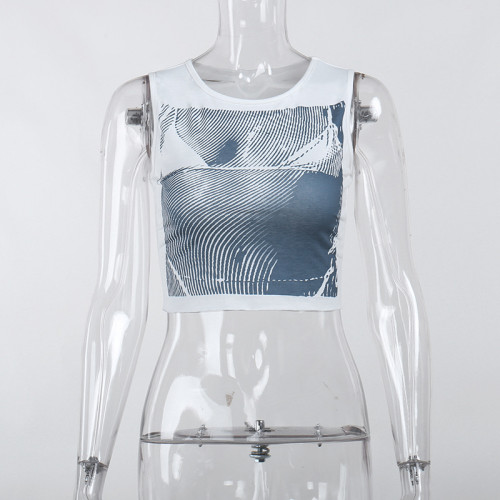 Round neck body print sleeveless short tank top, slim fit, spicy girl versatile T-shirt