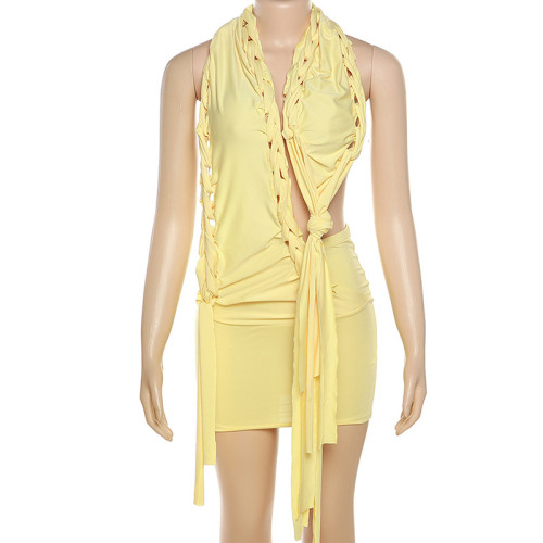 Fashionable Woven Hanging Neck Deep V Open Back Sexy Spicy Girl Slim Fit Wrap Hip Dress