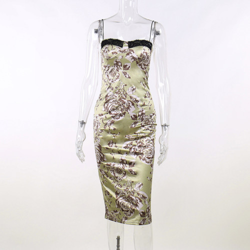 Printed suspender dress sexy spicy girl slim fitting, cool and comfortable lace edge
