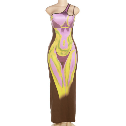 Fashionable Diagonal Shoulder Personalized 3D Printing Hollow Out Split Sexy Dress