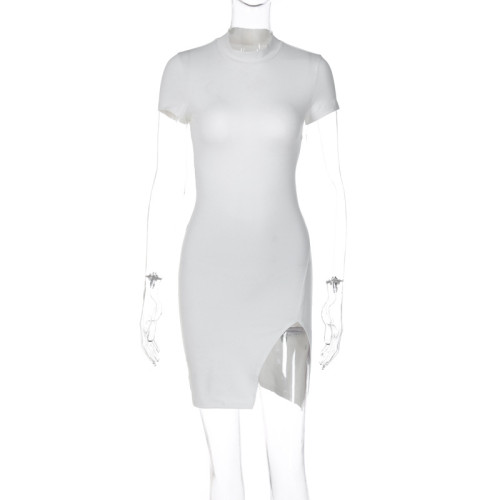 Short sleeved high neck sexy backless temperament lace up dress