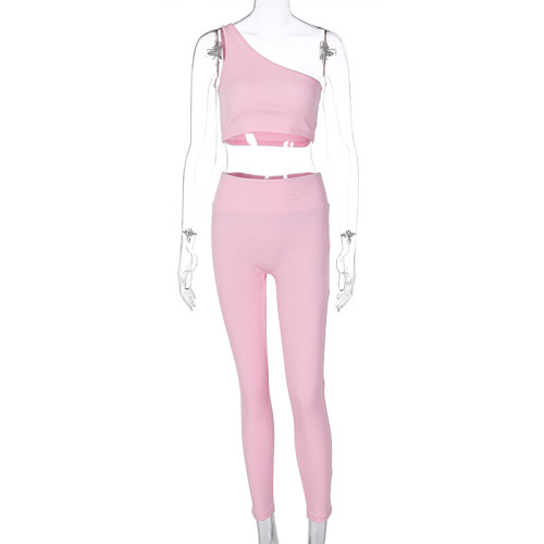 Women's Pit Stripe Solid Color One Shoulder Tank Top Pants Two Piece Slim Fit and Hip Lifting Sports Set