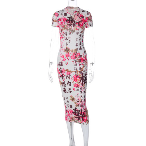 Fashionable floral text printed style buttock wrap dress