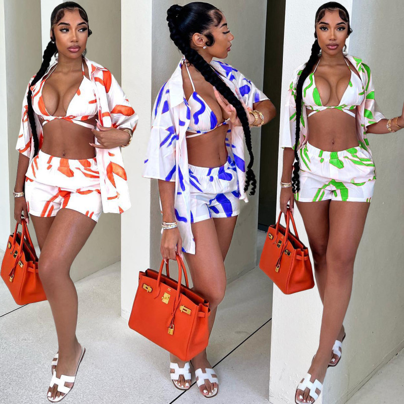 Printed shirt fabric set vacation beach three piece set