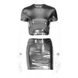 Fashion round neck exposed navel short sleeved top slim fitting skirt set