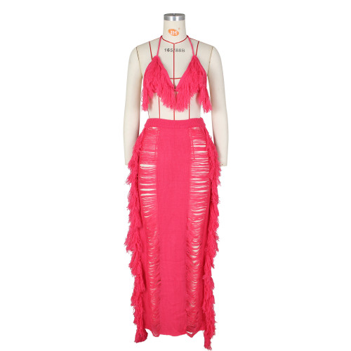 Women's sexy tassel knitted beach skirt set