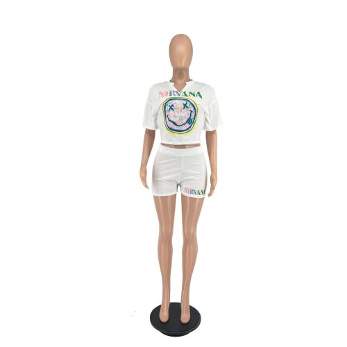Smiling face printed short sleeved shorts set with imitation cotton elastic white ink hot stamping two-piece set