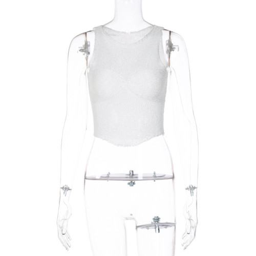 Fashionable and Sexy Hollow Open Button Round Neck Sleeveless Top