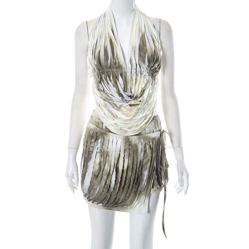 Personalized Burnt Flower Tie Dye Hanging Neck Set with Two Piece Hip Skirt Set
